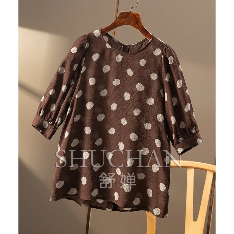 Elegant intellectual blouse polka dot 2025 printing silk bubble crepe five-quarter sleeve shirt new women's 7W44
