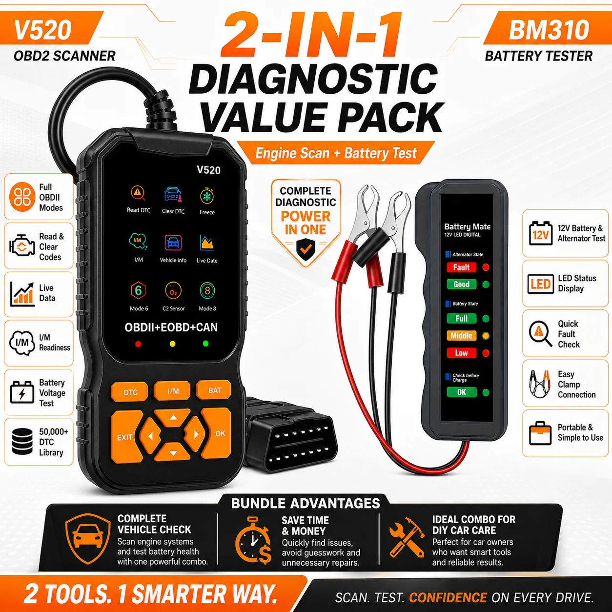 V520 Professional OBD2 Scanner with BM310 Battery Voltage Tester, 8 Languages Car Code Reader, Engine Fault Detection Tool, Auto