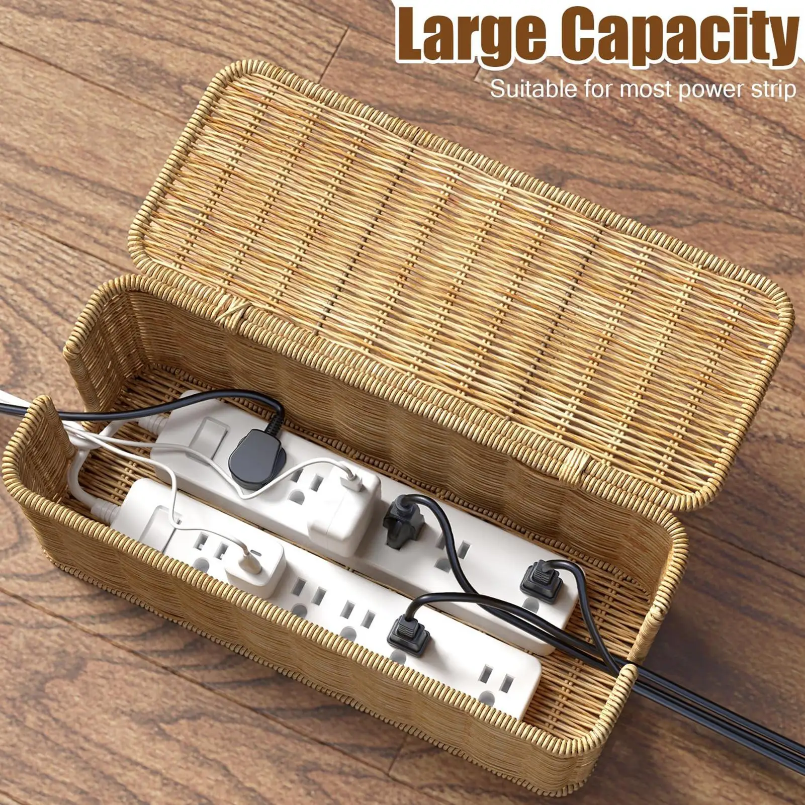 Cable Management Box Handwoven Imitation Rattan Cord Hider Organizer Box with Lid for TV Computer USB Power Strips & Cords