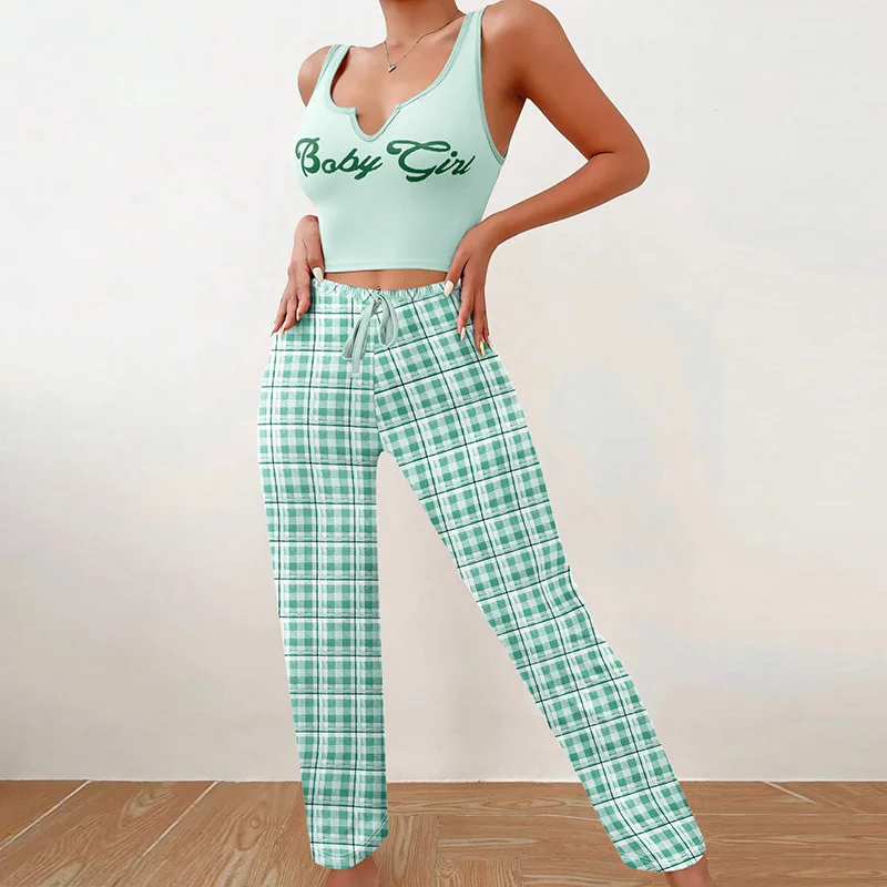 Women's Sleepwear Pajamas Set Letter Print Cami Tops Nightwear 2 Pieces Soft Comfortable Homewear Checkered Printed Pajama Pants