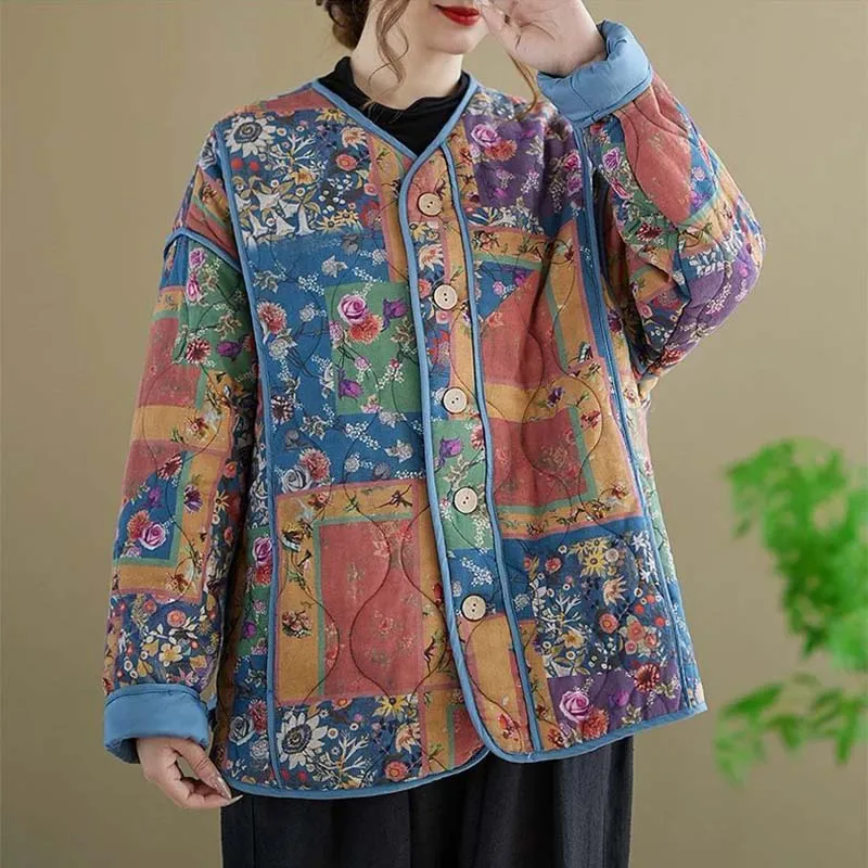 Women Vintage Stand Loose Print Floral Jacket Cotton Linen Long Sleeve Padded Coats 2026 Winter New Chinese Style Coat