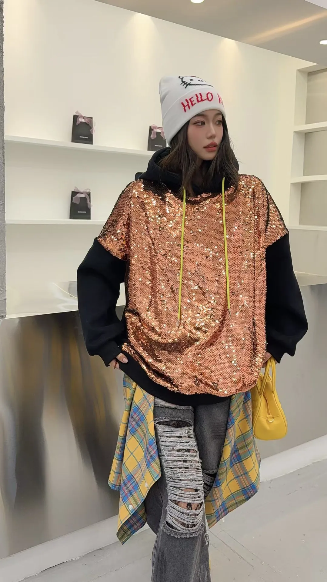 스팽글 패치워크 오버사이즈 후드티 여성 Y2K 의류 2025 겨울 플리스 캐주얼 루즈 풀오버 아우터웨어 가슴둘레140cm