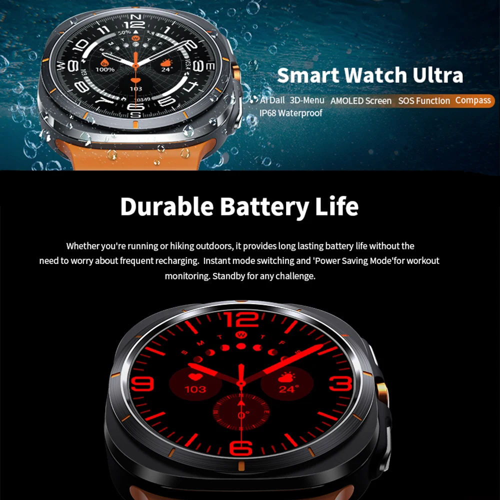 For Samsung Galaxy Watch 7 Ultra GPS NFC Smart Watch Outdoor Sports Man Compass AMOLED BT Call IP68 Galaxy 6 Upgraded Smartwatch