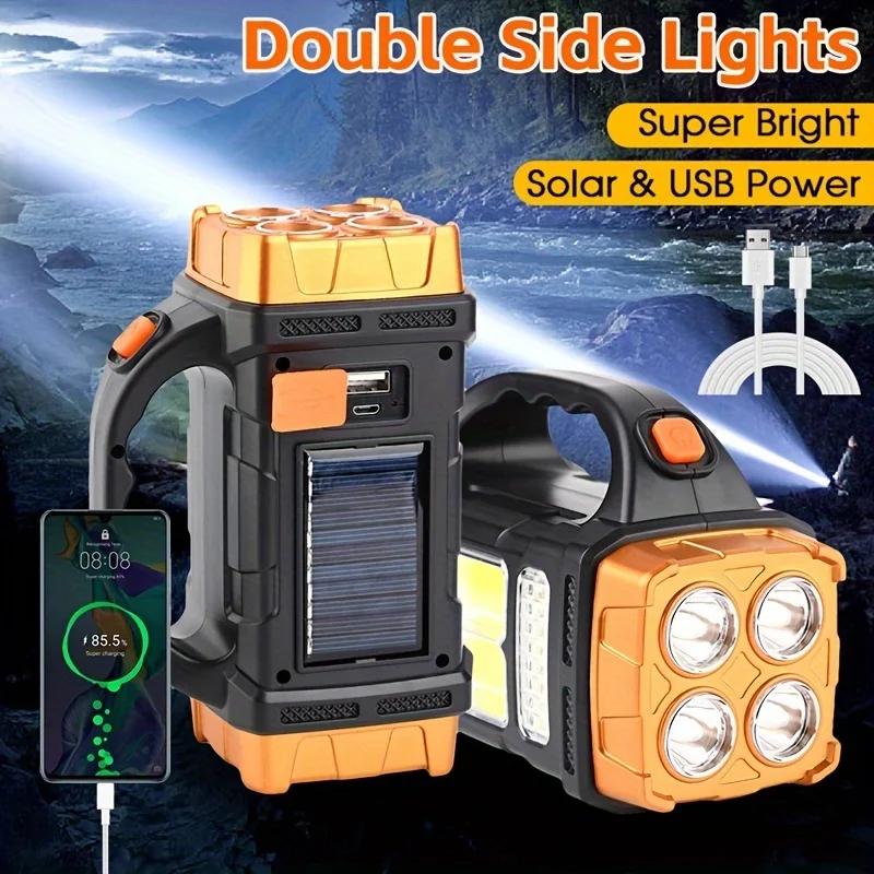 Powerful USB Rechargeable Flashlight Waterproof LED Light With COB Work Light 4 Gear Charge Mobile Phone Camping Solar Lamp