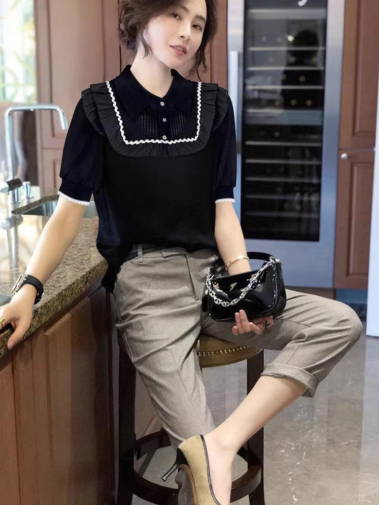 

Ele Splice Color Blo Design ort Sve Women's Base irt Summer Versatile Crew Ne T-irt Faionable Commute Sle