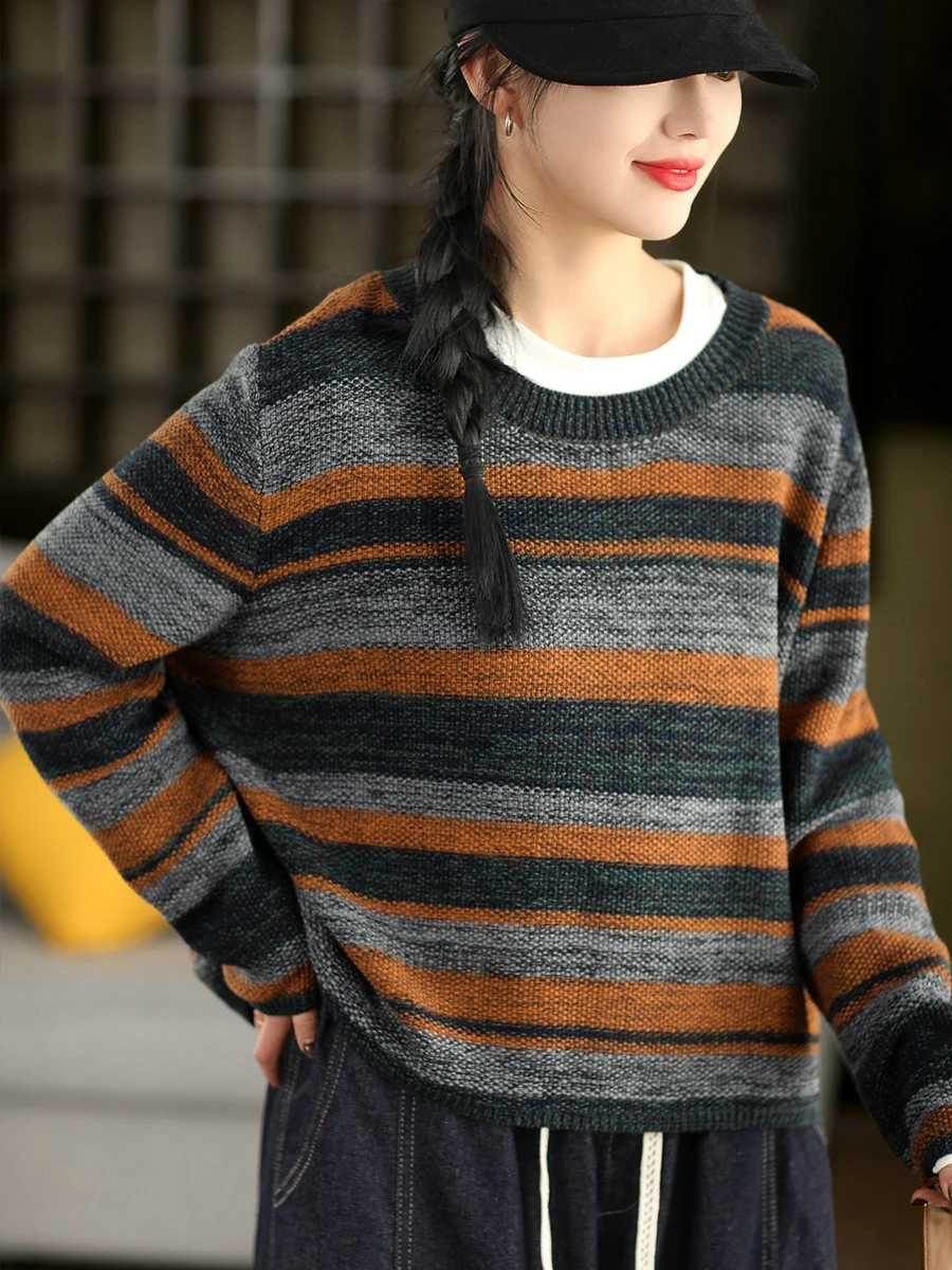 

Retro Colored Cotton Yarn Knitted Sweater Faionable Color Blo Long Sve Overhead Spring Women's Loose Fit round Ne Kn...