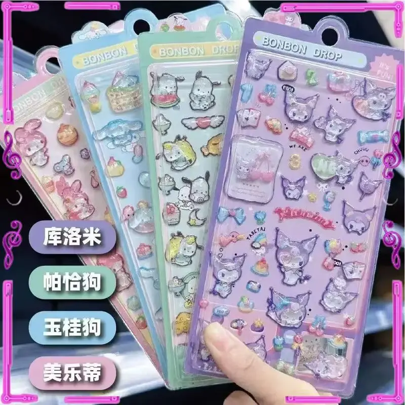 10 pçs misturado kuromi personagens originalidade 3d alívio adesivo à prova dwaterproof água adorável adesivos decorativos dos desenhos animados brinquedos de cristal adesivo