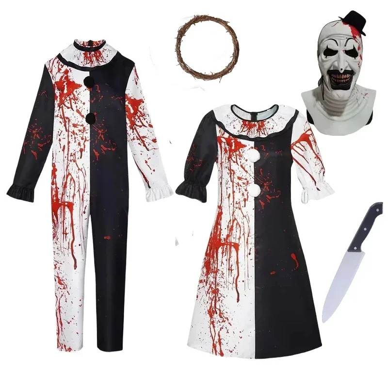 

В наличии Art The Clown Косплей Фильм Terrifier 2, костюм на Хэллоуин, клоун, кровавое пятно, мужские и женские костюмы для косплея # 1 # В.