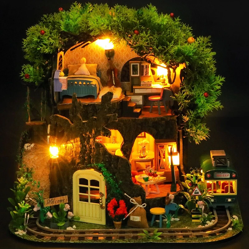 

Diy Big Wooden Dollhouse With Furniture Light Forest Tree Houses Doll House Casa Miniature For Children Toys Birthday Gifts