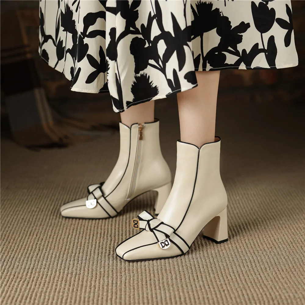 Dilalula 2025 French Style Genuine Leather Butterfly Knot Ankle Boots Women Thick High Heels Office Ladies Autumn Party Boots - Image 6