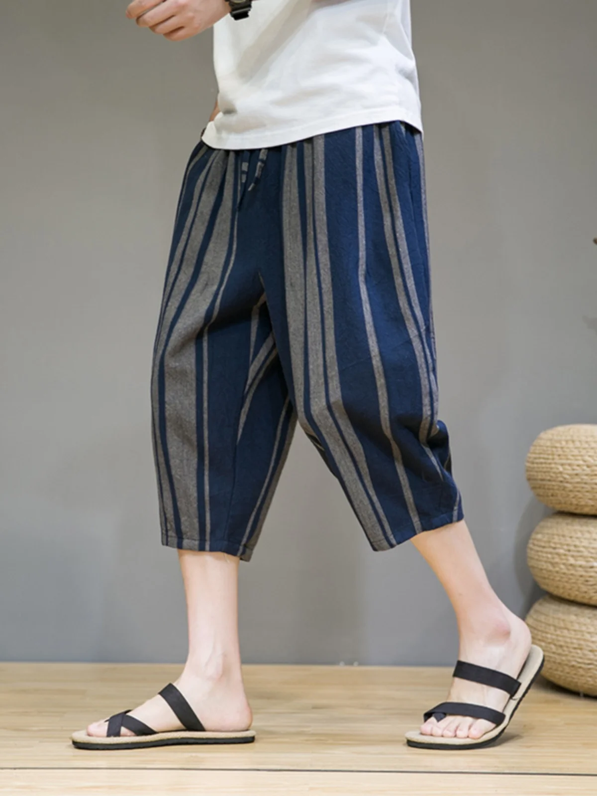 

Trendy Retro Cotton Linen Wide Leg Loose Straight Cut Slim Fit Sports Pants for Men in k Blue Stripes Seven-Foot Length