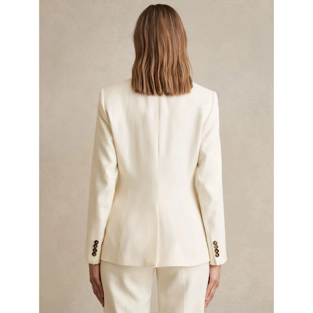 우아한 화이트 투피스 정장 세트 (여성용, 원버튼 피크 라펠 재킷, 와이드 레그 팬츠 세트, 오피스, 연회, 비즈니스 여성 의류)