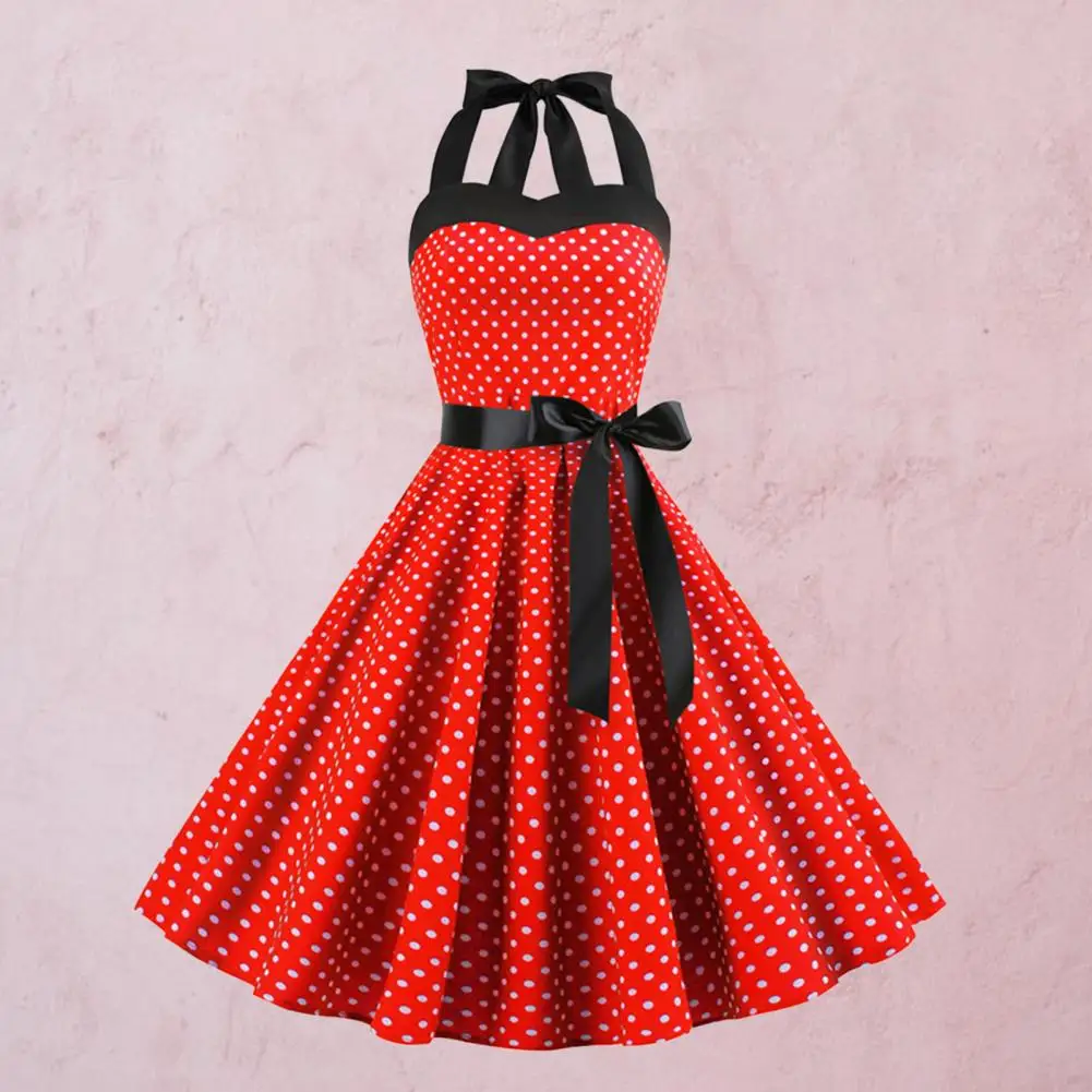 Dress Vintage Pin-up wanita, Gaun Midi leher Halter Retro 50s 60s dengan Detail renda dekorasi pita A-line pesta Prom Retro