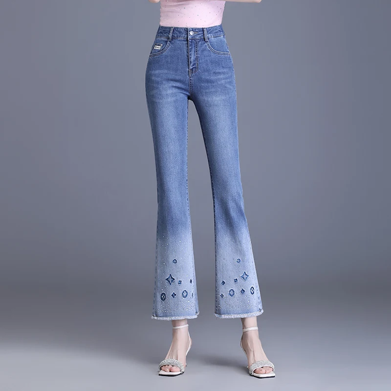 

aduated Bell Bot Jeans High Waist plus Size Slim Fit Embroidered Ripped Thin Straight Leg Pants Women's Summer Casual