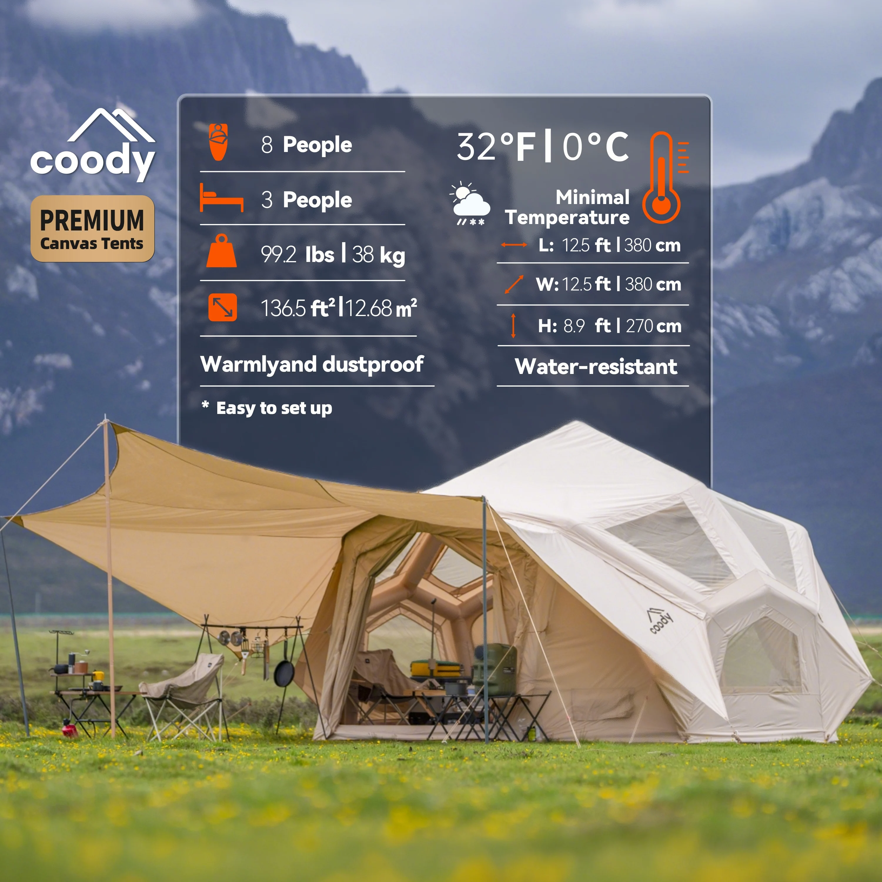 Coody Bestona Beige Air Tent Unique Luxury Inflatable Shelter For 3-8 People Outdoor Family Camping
