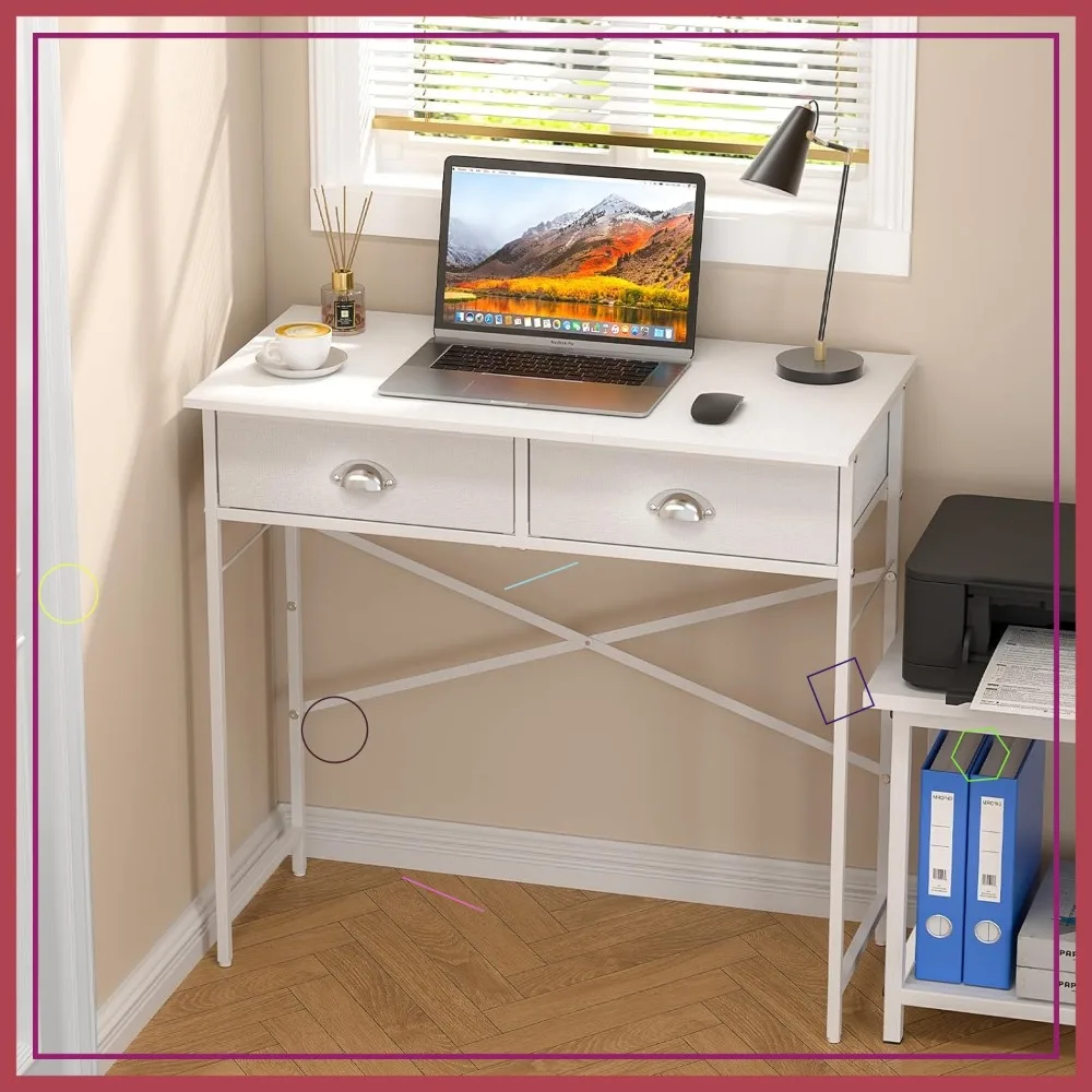 

31.5" White Desk with 2 Fabric Drawers for Small Spaces, Home Office, Dorm
