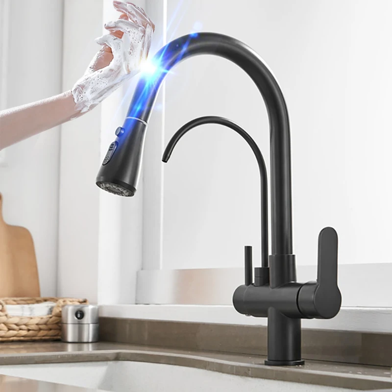 Black Touch Filter Kitchen Faucet with Pull Down Sprayer 3 Ways Pull Out Kichen Faucets Brass Hot Cold Sensor Touch Kitchen Tap