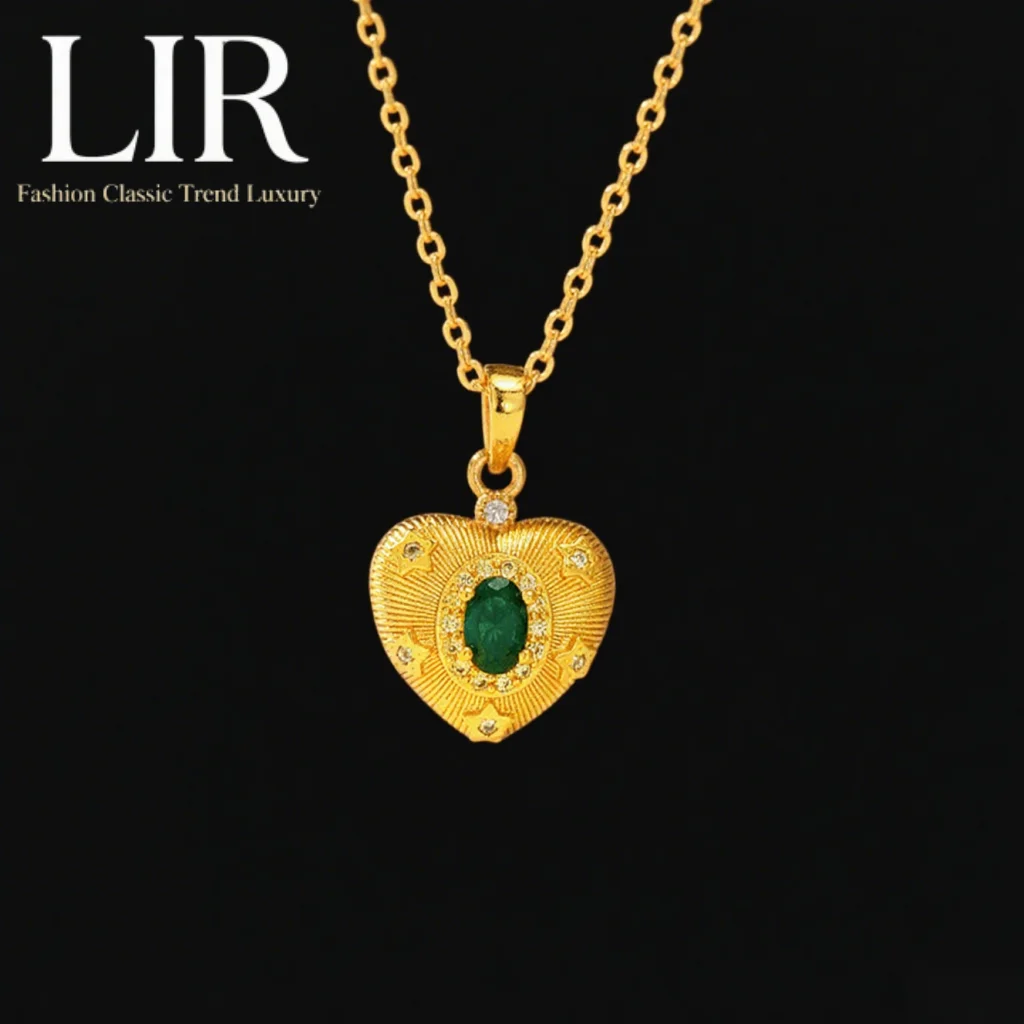 

LIR Fadeless Heart Necklace: New Plating & Brushed, Zircon & Green Glass, High Clarity, Sweet Love Vibe, Women's Jewelry