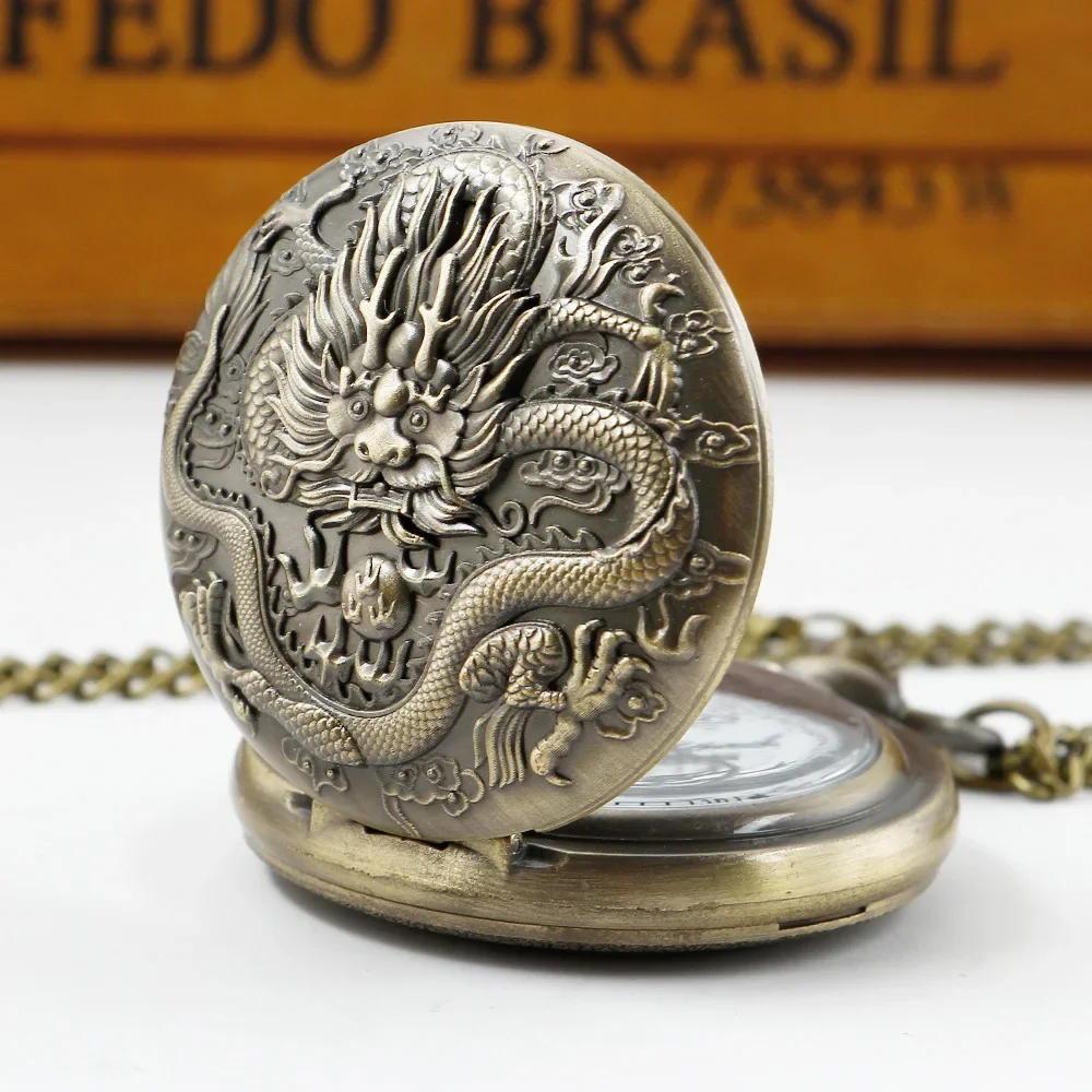 Dominant Cool Chinoiserie Dragon Pocket Watch Mens Vintage Necklace Quartz Pocket FOB Watch Exquisite Gift