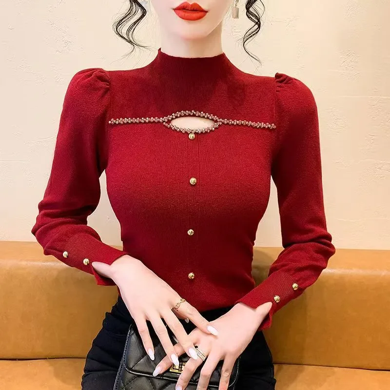 2025 Fashion Top Beaded Half High Neck Knitted Base with Fall and Winter New Design Feeling Niche and Slim Sweater