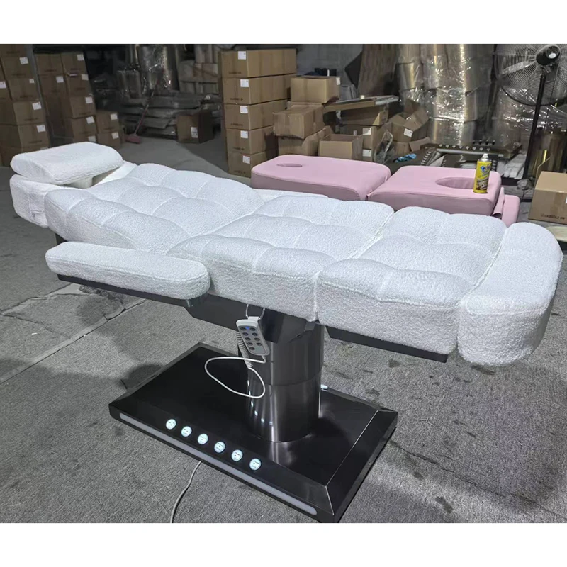 

Modern Beauty Lamb Fleece Fabric Salon Facial Cosmetic Bed Luxury 3/4 Motors Electric Foot Control Massage Table with Light