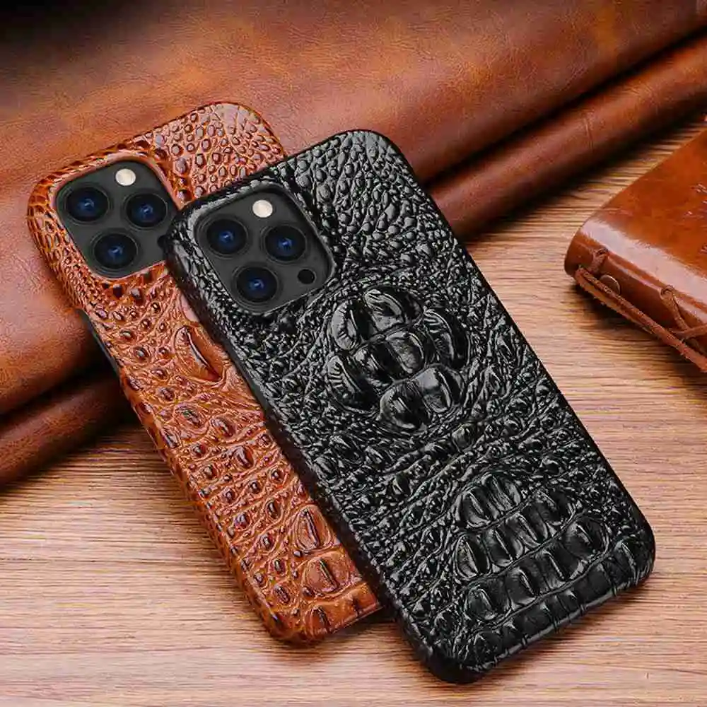 Genuine Leather Case for iPhone 16 15 13 12 11 14 Pro Max 12 13 Mini XS XR 7 8 Plus Case 3D Croc Head Pattern Shockproof Cover