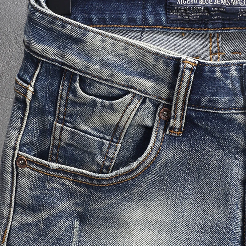 Italian Style Fashion Men Jeans High Quality Retro Washed Blue Stretch Slim Fit Ripped Jeans Men Vintage Designer Denim Pants
