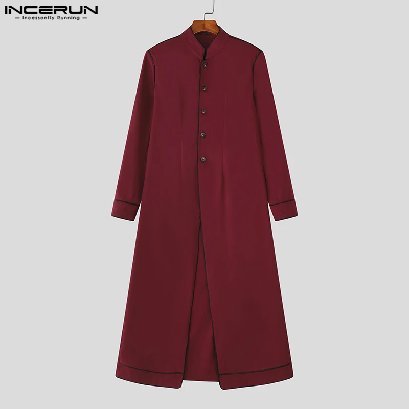 

INCERUN мужской длинный стильный пиджак в стиле пэчворк, воротник-стойка, длинный рукав, пуговицы, повседневный костюм, мужская уличная одежда, свободные модные мужские пальто 2025 г.