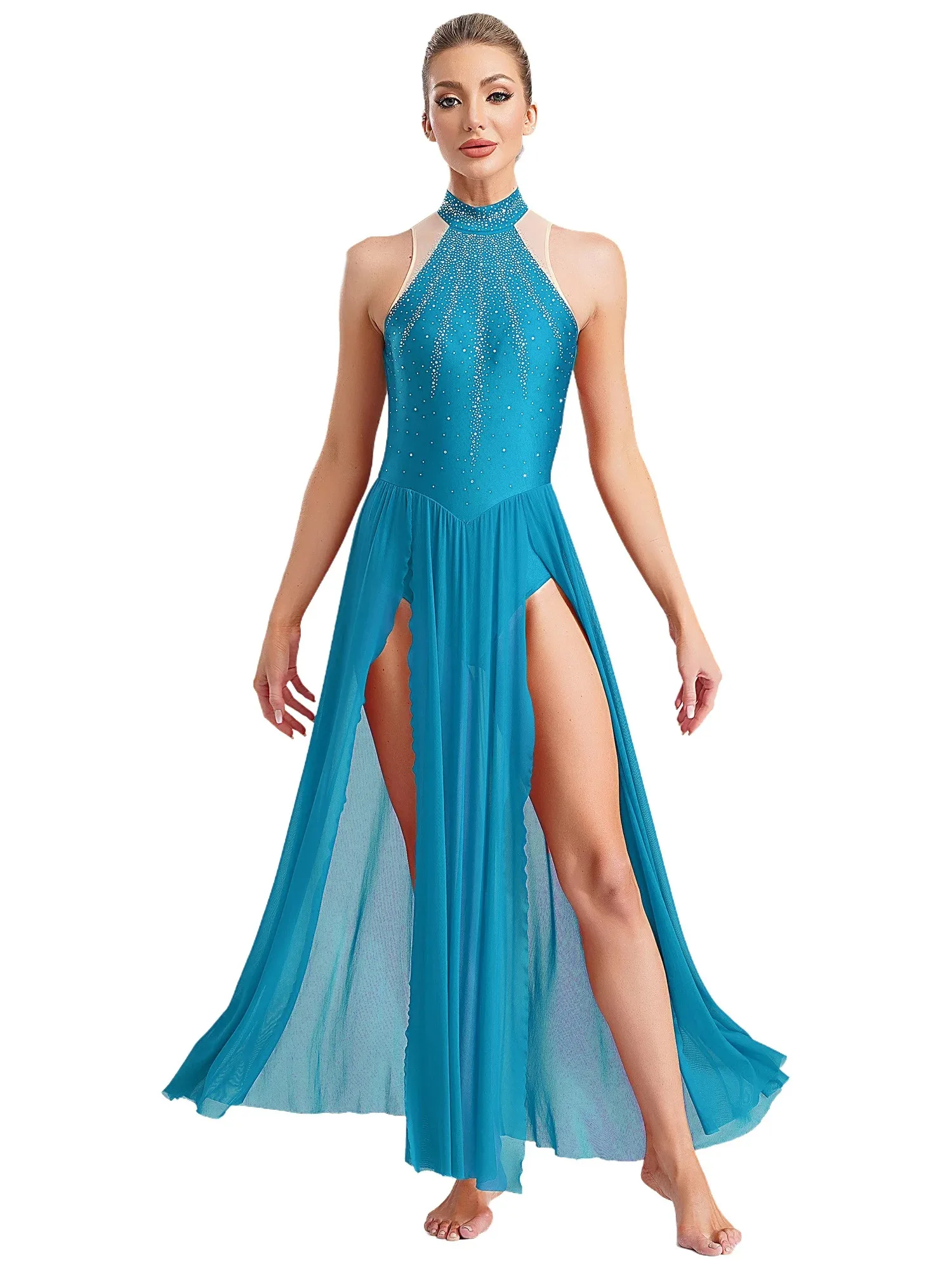 Costume de danse lyrique sans manches pour femmes et filles, justaucorps contemporain avec strass brillants, robe fendue haute, vêtements de danse de salle de bal modernes