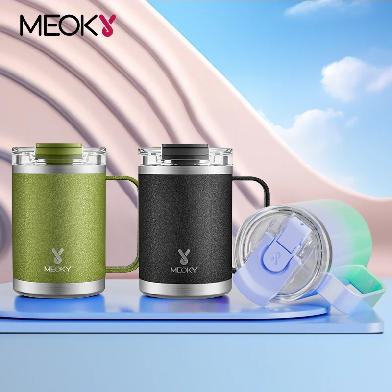 

Meoky 14oz Office Cup Tumbler with Handle Two Ways to Drink Stainless Steel Multicolor Coffee Leak-Proof Insulated Water Bottle