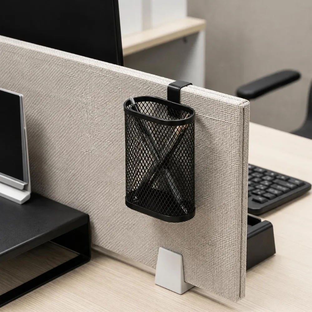 Metal Wall Mount Pen Holder Oval Shape Hook On Style Desk Side Pen Organizer Hollow Out Grid Structure Metal Hook Pen Holder