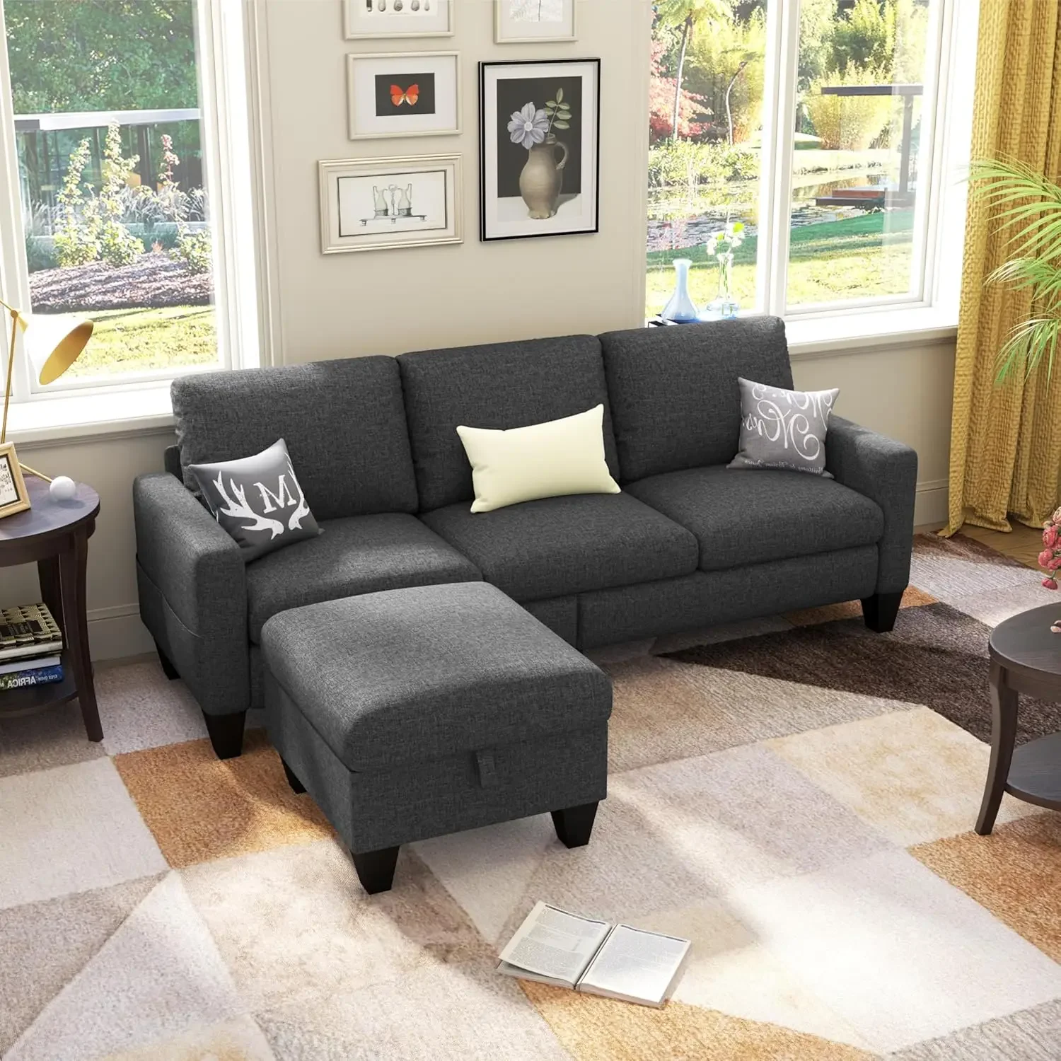 

78'' Convertible Sectional Sofa Couch, Dark Grey 3 Seat L-Shaped Couch with Storage Ottoman