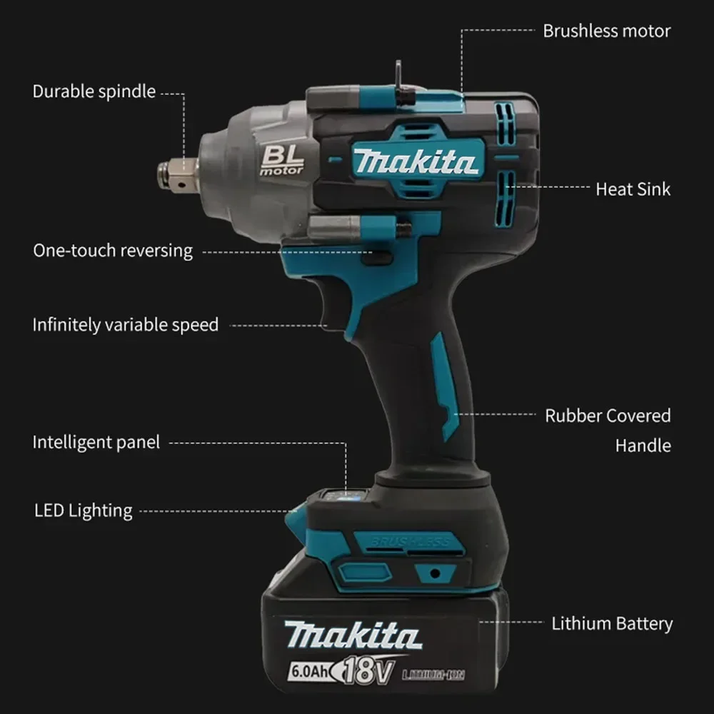 Makita 1000Nm Brushless Impact Wrench, High Torque, 1/2' Drive, Professional Automotive Tire Repair Tool, Racing Repair Tool