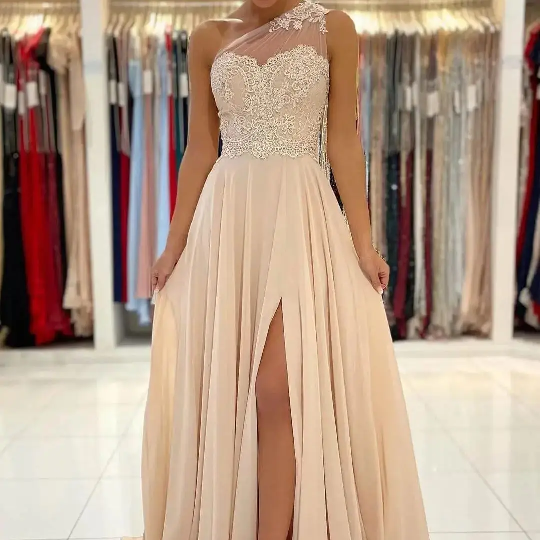 Women\'s One Shoulder Bridesmaid Dresses for Wedding Long Lace A-Line Silt Formal Evening Gown with Pockets Appliqu2024 plus size