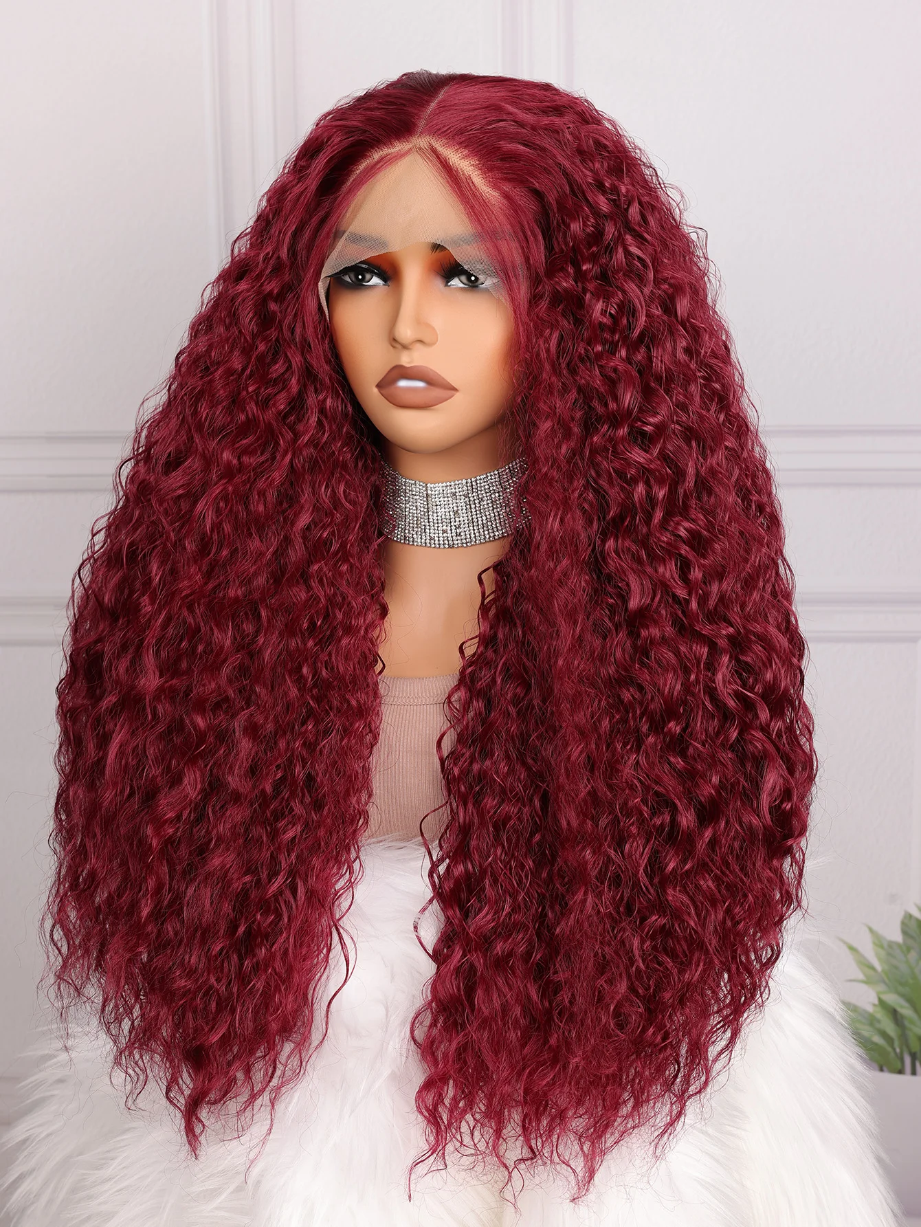 Peruca dianteira do laço encaracolado Kinky para mulheres, vinho tinto macio, densidade a 180%, cabelo de bebê, Borgonha, sintético, pré-arrancada, diariamente, 26 "longo