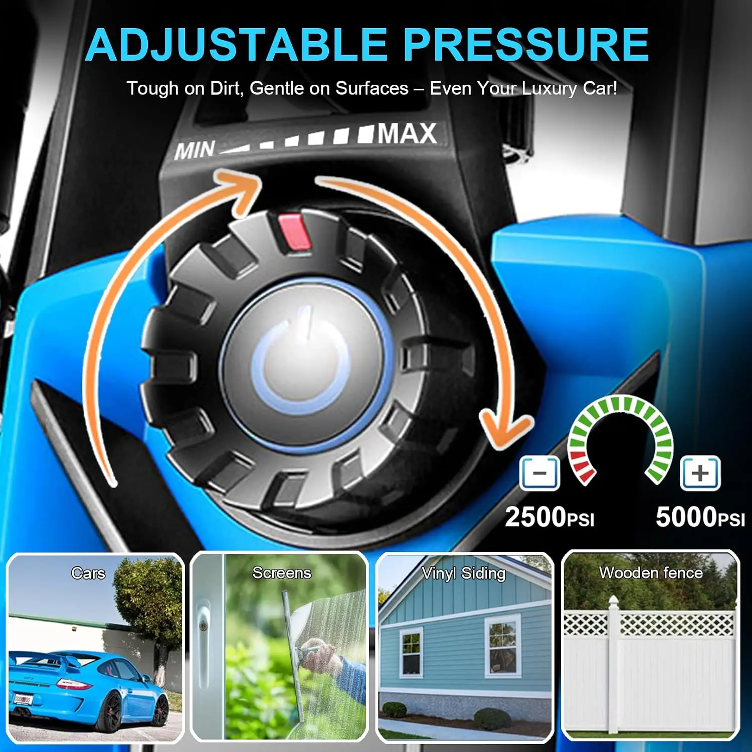 5000PSI Adjustable Pressure Washer With 33ft Hose 4 Nozzles and 500ml Foam Cannon for Outdoor Cleaning