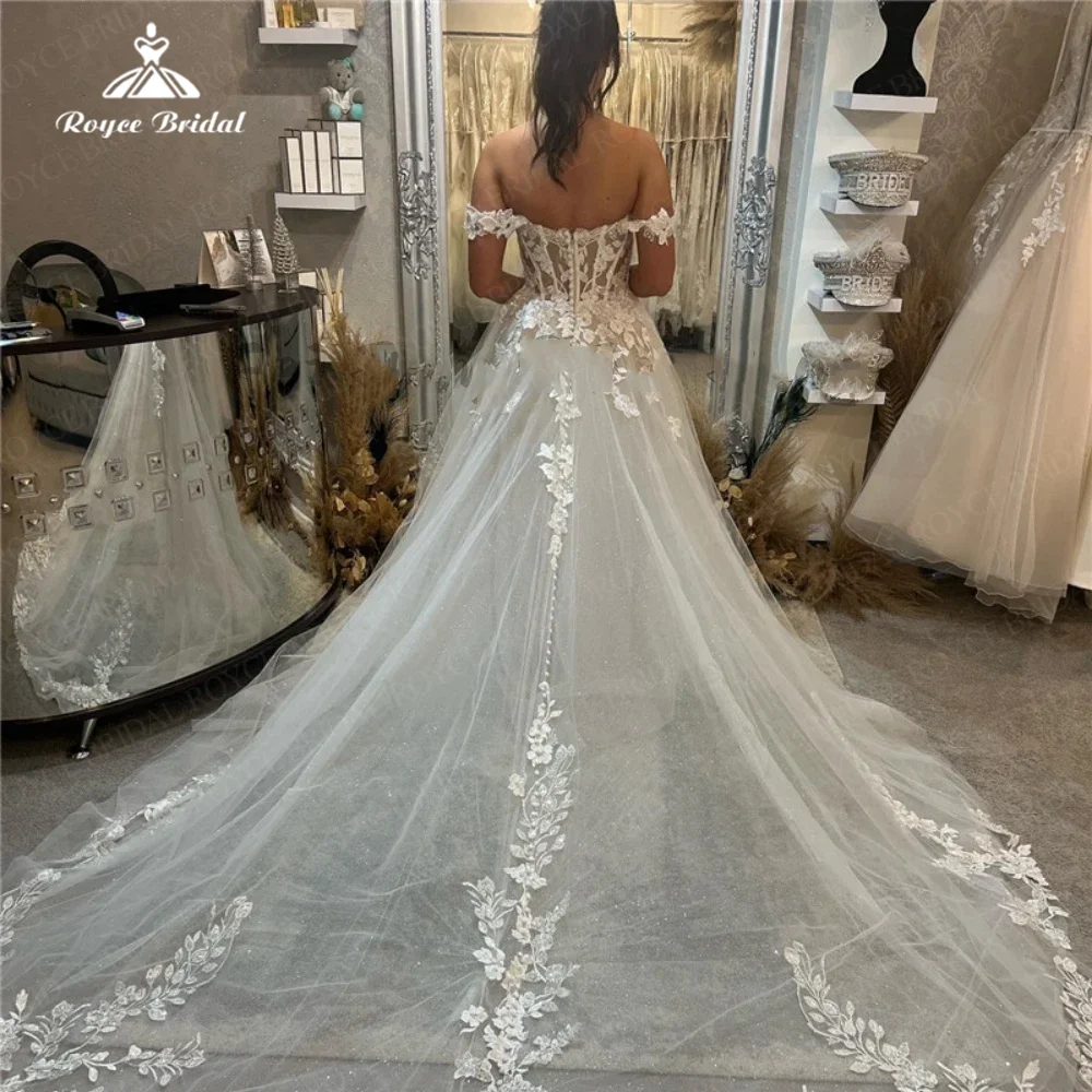 Elegant A Line Wedding Dress Sweetheart Brilliant Tulle Lace Applique Off Shoulder Bride Gown With Court Train فستان الزفاف