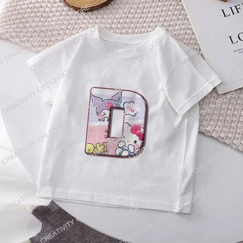 Camiseta con letras A, B, C, D, Kuromis, Melodys, Kawaii, dibujos animados, Top de moda informal