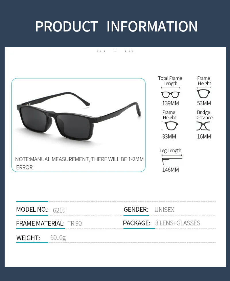 BEMORE Rectangle Acetate Clip on Prescription Glasses Men Polarized UV400 Magnetic Sun Optical Reading Eyeglasses Frame