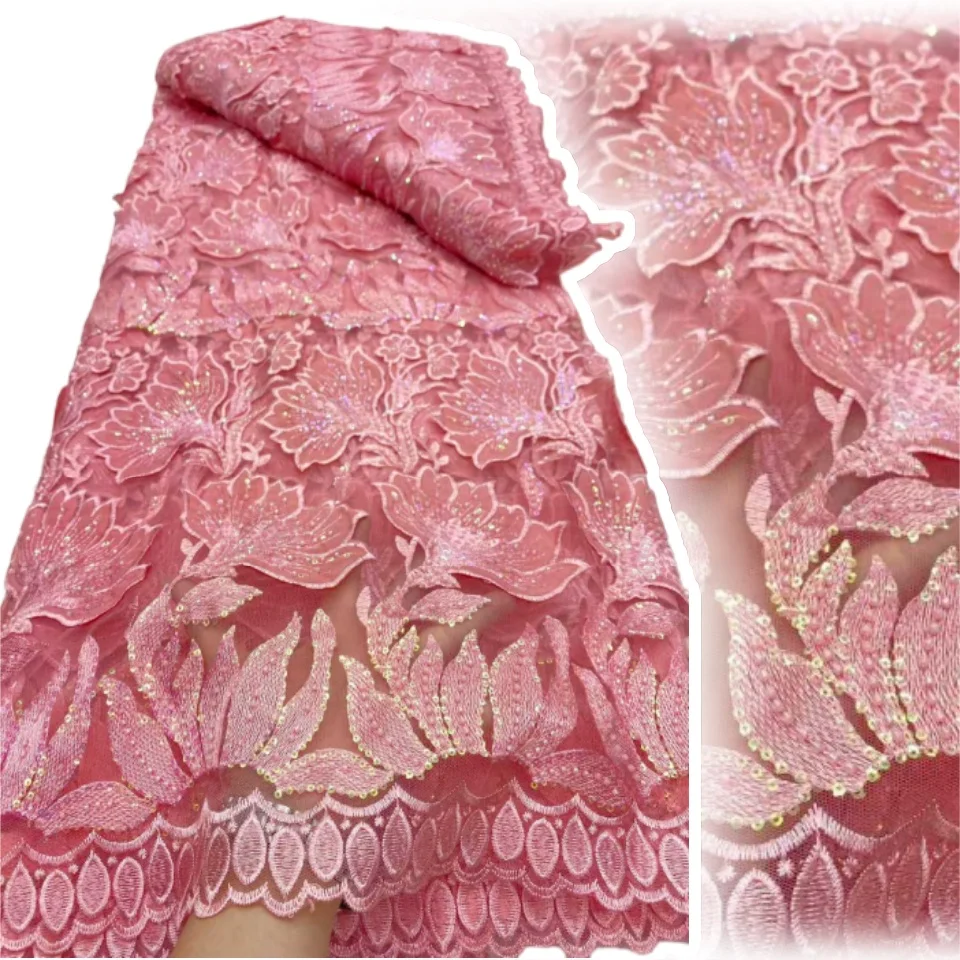 

African Tulle Lace Fabric High Quality Nigerian Guipure Lace French Mesh Beads Embroidery Lace for Sewing Wedding Dresses C1377