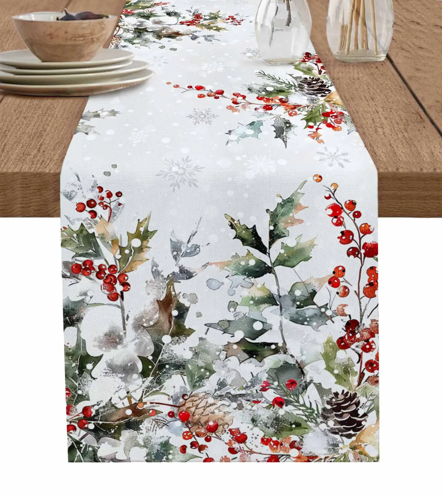 Christmas Pine Berry Eucalyptus Leaf Snowman Modern Linen Cotton Table Cloth Decoration For Home Wedding Christmas Party