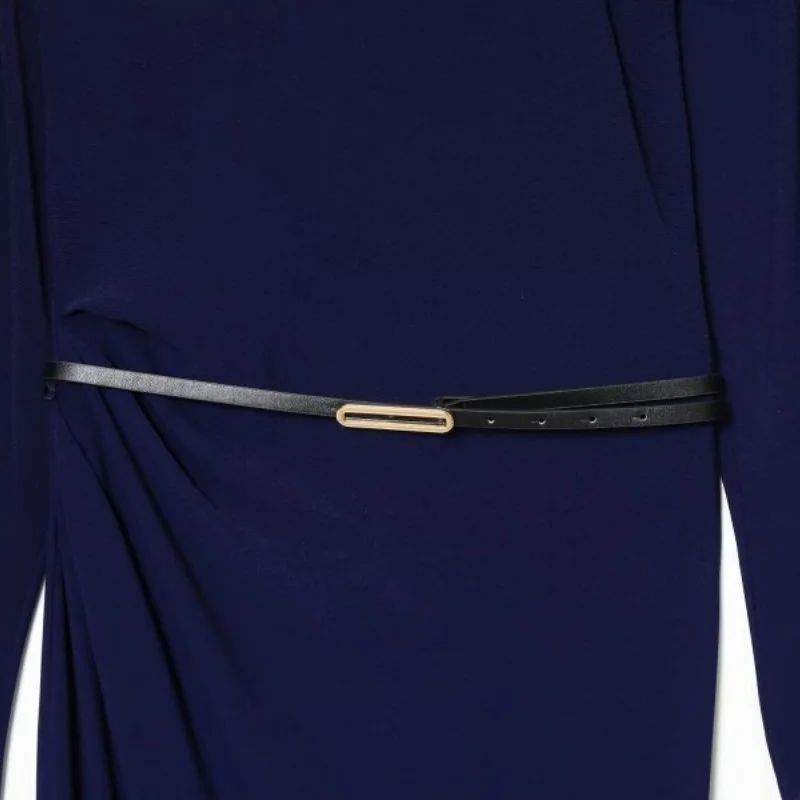 우아한 슬림핏 롱 드레스 솔리드 컬러 긴 소매 여성 패션 벨트 스트리트웨어 오피스 레이디 폴드 넥 칼라 드레스