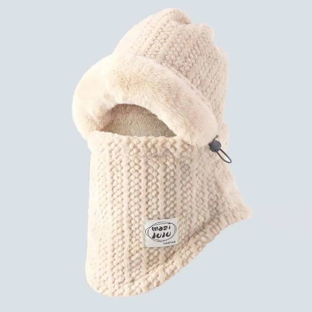 

Plush Winter Integrated Scarf Cap Soft Thickened Mask Woolen Hat 4 in 1 Big Head Circumference Pullover Mask Cap Keep Warm