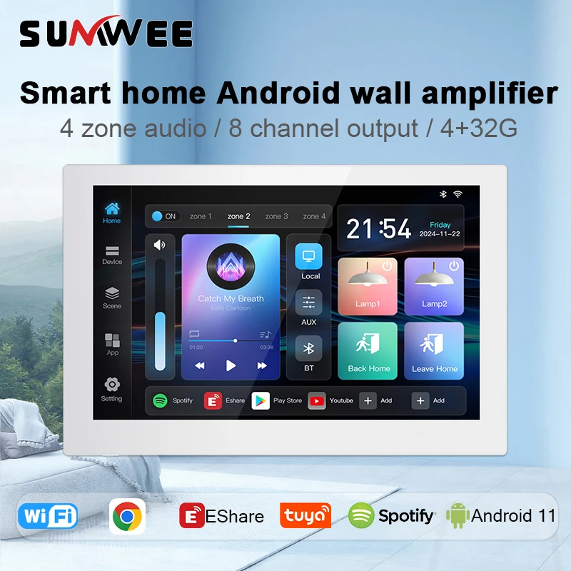 8 pollici Android11 casa intelligente TUYA Sfondo Lettore musicale Sistema bluetooth Pannello di controllo del suono WIFI Audio a 4 zone Amplificatore da parete