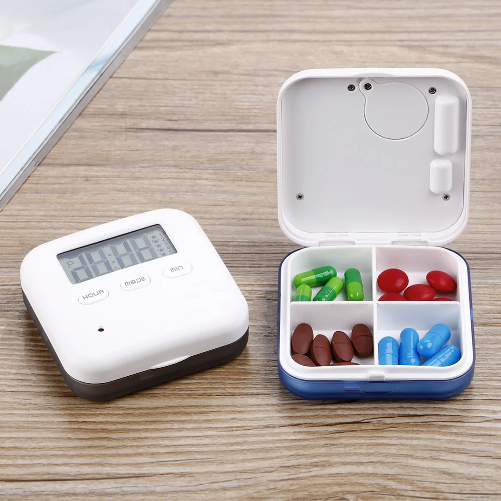 Portable Mini 4 Compartments Pocket Pill Box Weekly Pill Case Electronic Smart Alarm Pill Box with Timer