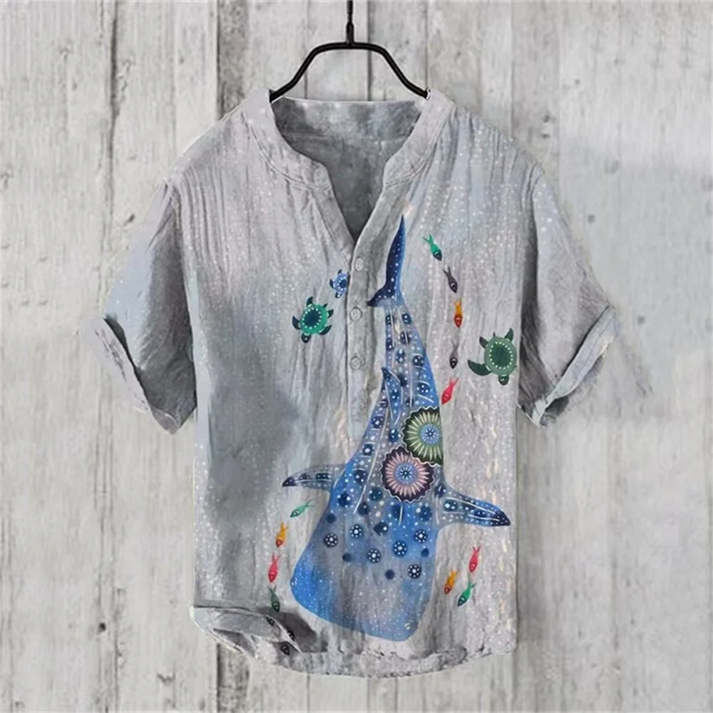 Men's V-neck linen short-sleeved shirt new summer comfortable and refreshing button carp tops come in 10 different styles