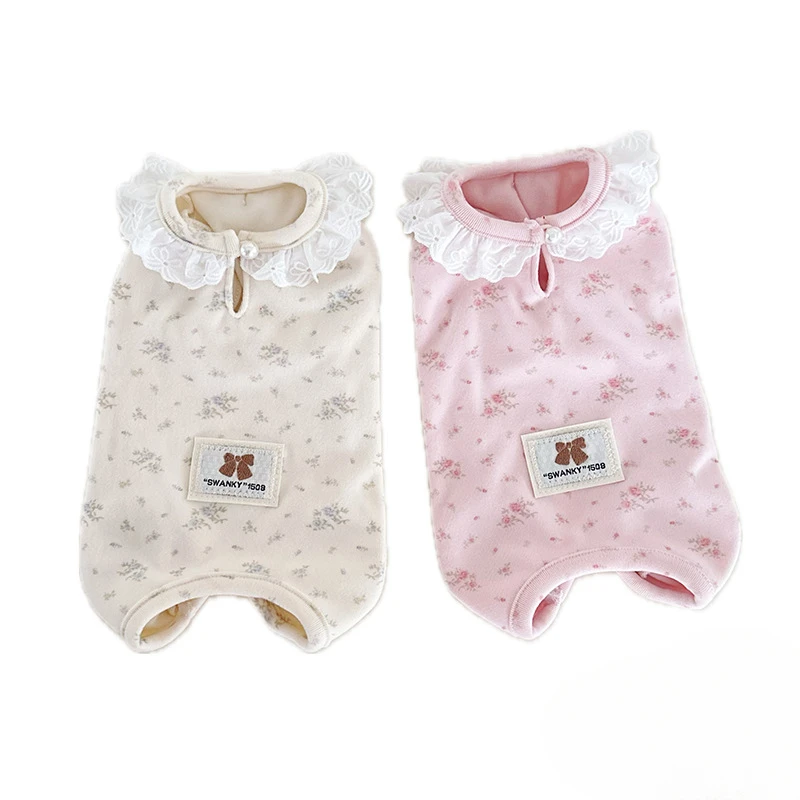 Spring and Autumn/Winter Pet Jumpsuit, Cat and Dog Clothes, Floral and Velvet Lace Elastic Home Sleepwear Puppy Cloth Pajamas