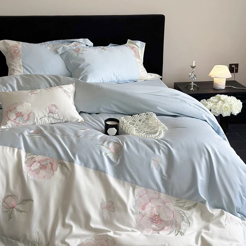 Floral Embroidery Bedding Sets, 100% Cotton, Blue White Patchwork Quilt/Duvet Cover, Flat Bed Sheet, Pillowcases, Home Textile