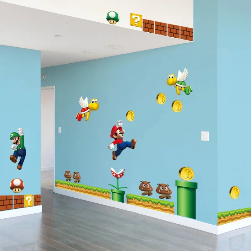 2pcs Super Mario Bros Wall Stickers Removable Cute Stickers Anime Figures Toy for Bedroom Living Room Kindergarten Children Gift