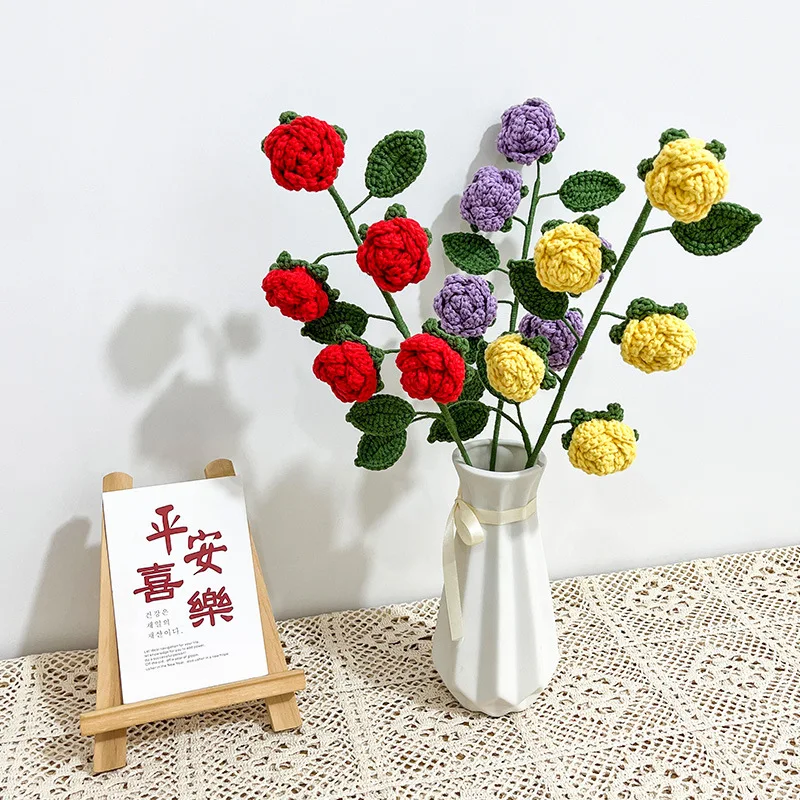 

Creative Handmade Knitted Finished Multi-headed Rose Simulation Flowers Bouquet Desktop Decorative Ornaments Gift for Girlfriend